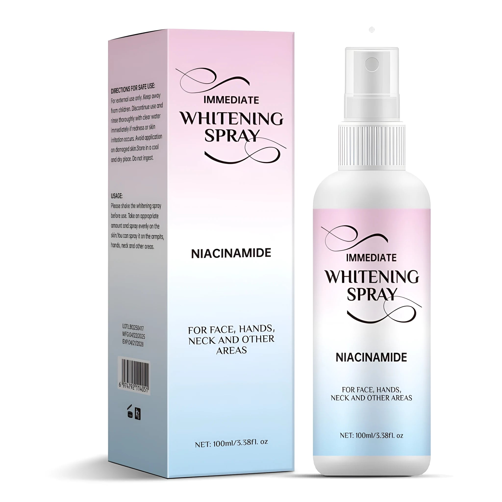 100ml whitening spray bottle with sweat-proof brightening formula for women, men and children