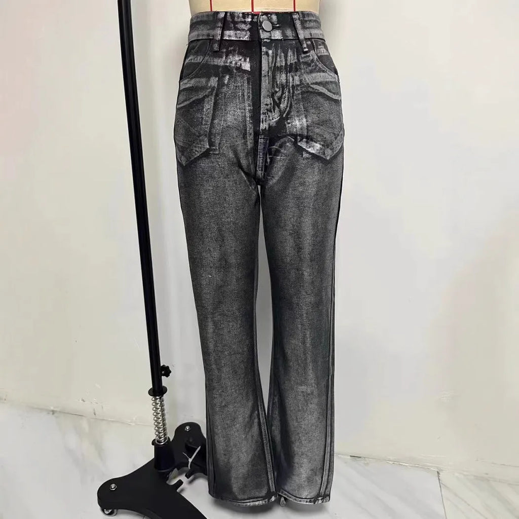 Blue high-waisted straight-leg jeans with washed denim finish on streetwear background