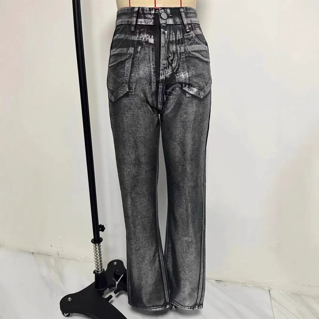 Blue high-waisted straight-leg jeans with washed denim finish on streetwear background