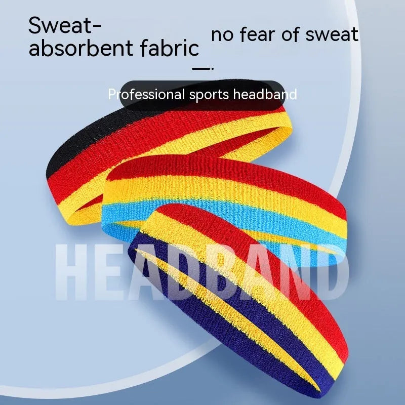Adult sports headband in multiple colours including blue and red yellow, shown flat displaying 5.5cm width.