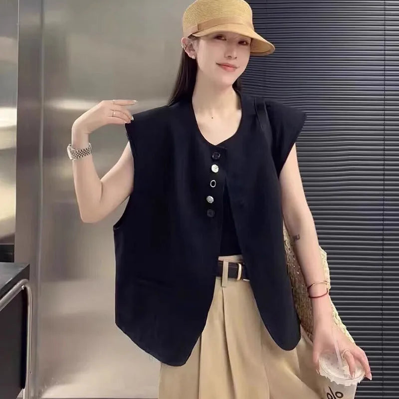Women's loose fit polyester vest in milky white colour with pockets, shown on hanger