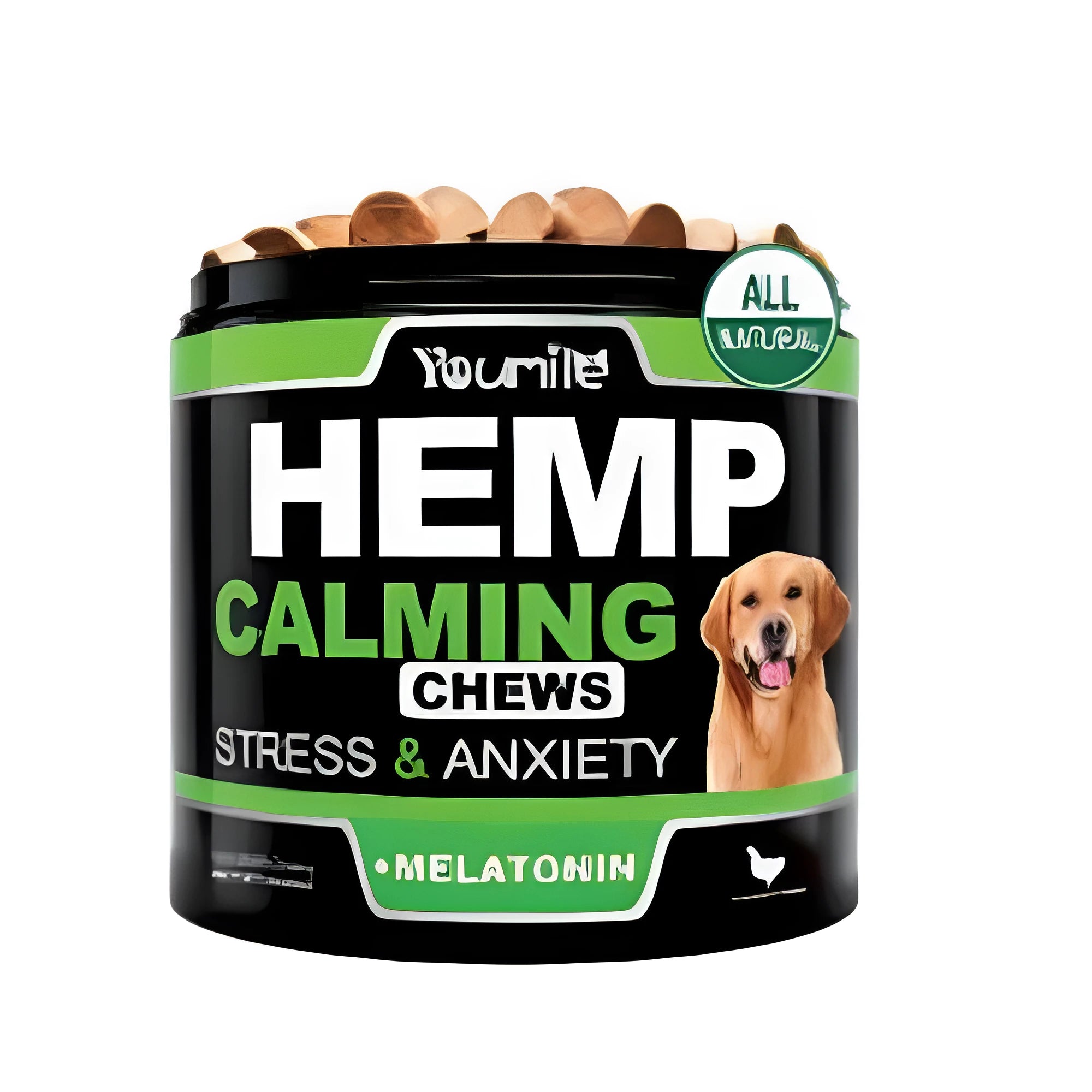 Calm Down And Chew bottle containing 120 calming supplement capsules for dogs with natural ingredients.