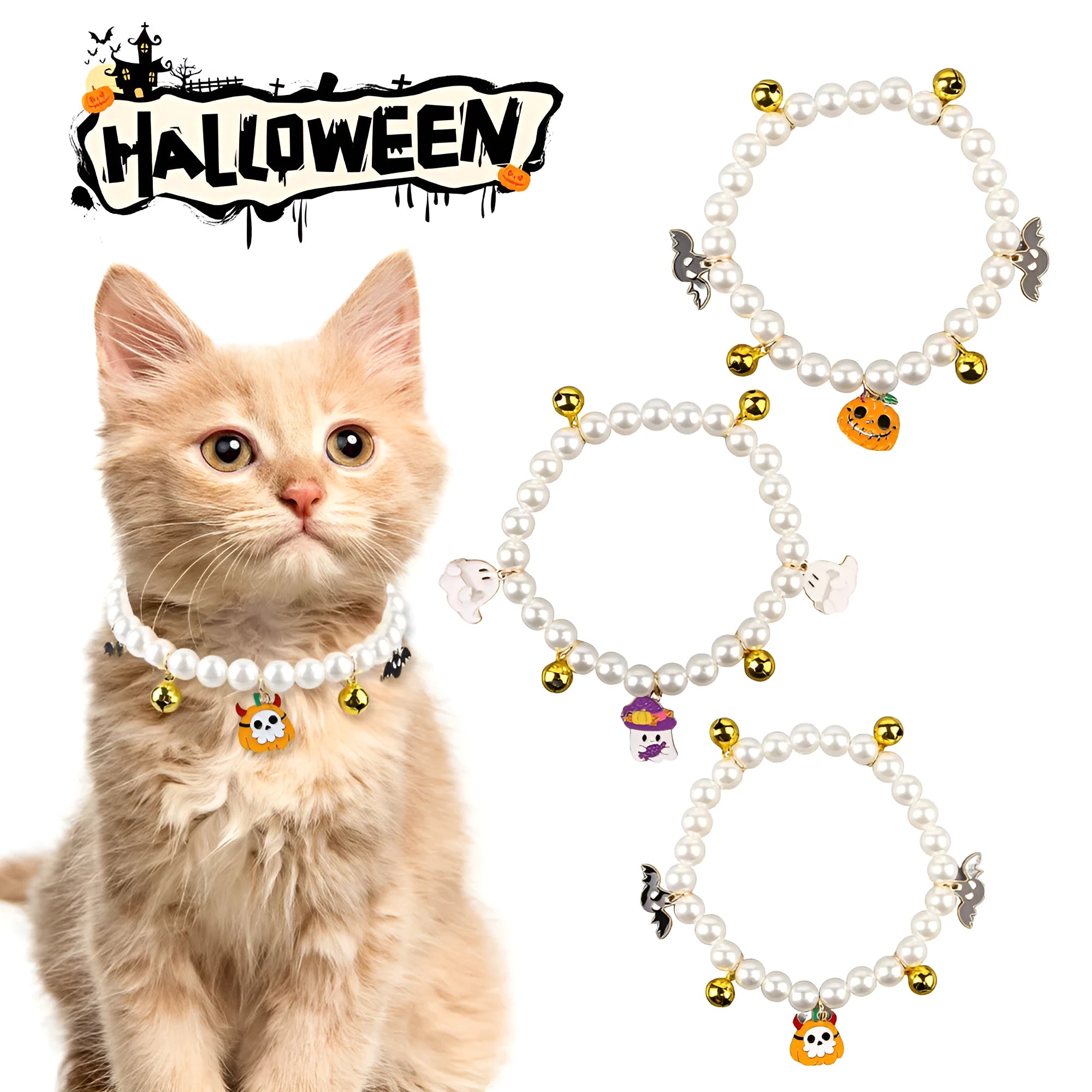 Halloween decorative pet collar with simulated pearls and a pumpkin charm.