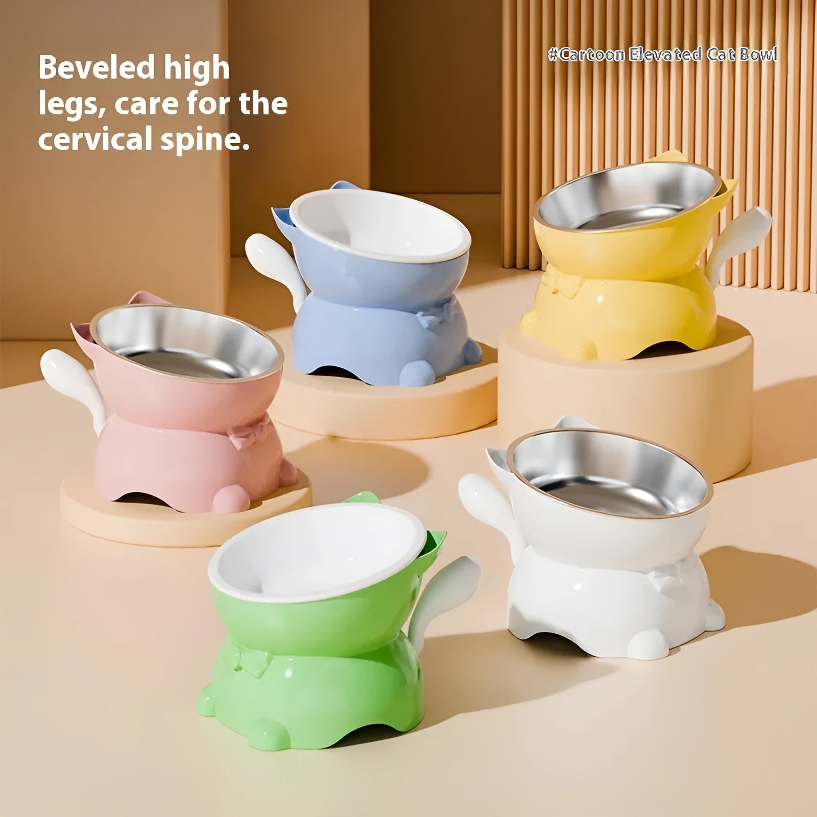 Stainless steel oblique cat bowl with non-slip base in black, blue, pink, or yellow.