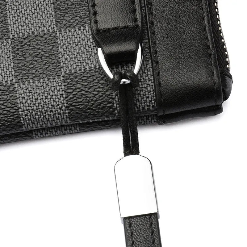 Black men's leather clutch wallet made from genuine cowhide measuring 20 by 10 centimetres