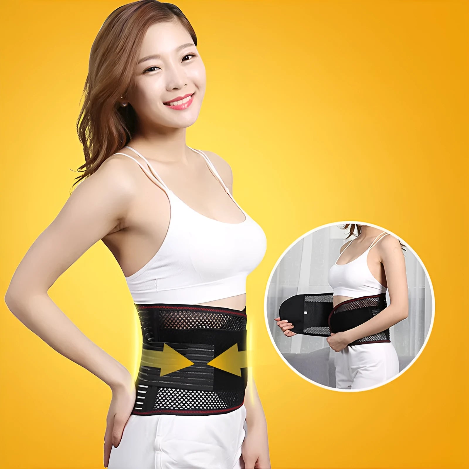 Black sports waist support belt with steel plate for lumbar decompression during running, yoga and fitness.