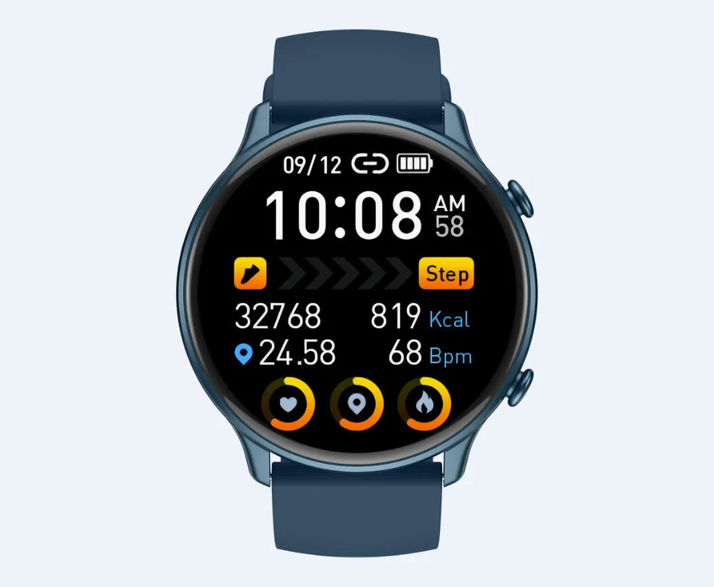 Round smart sports watch with black silicone strap showing heart rate data on touch screen.
