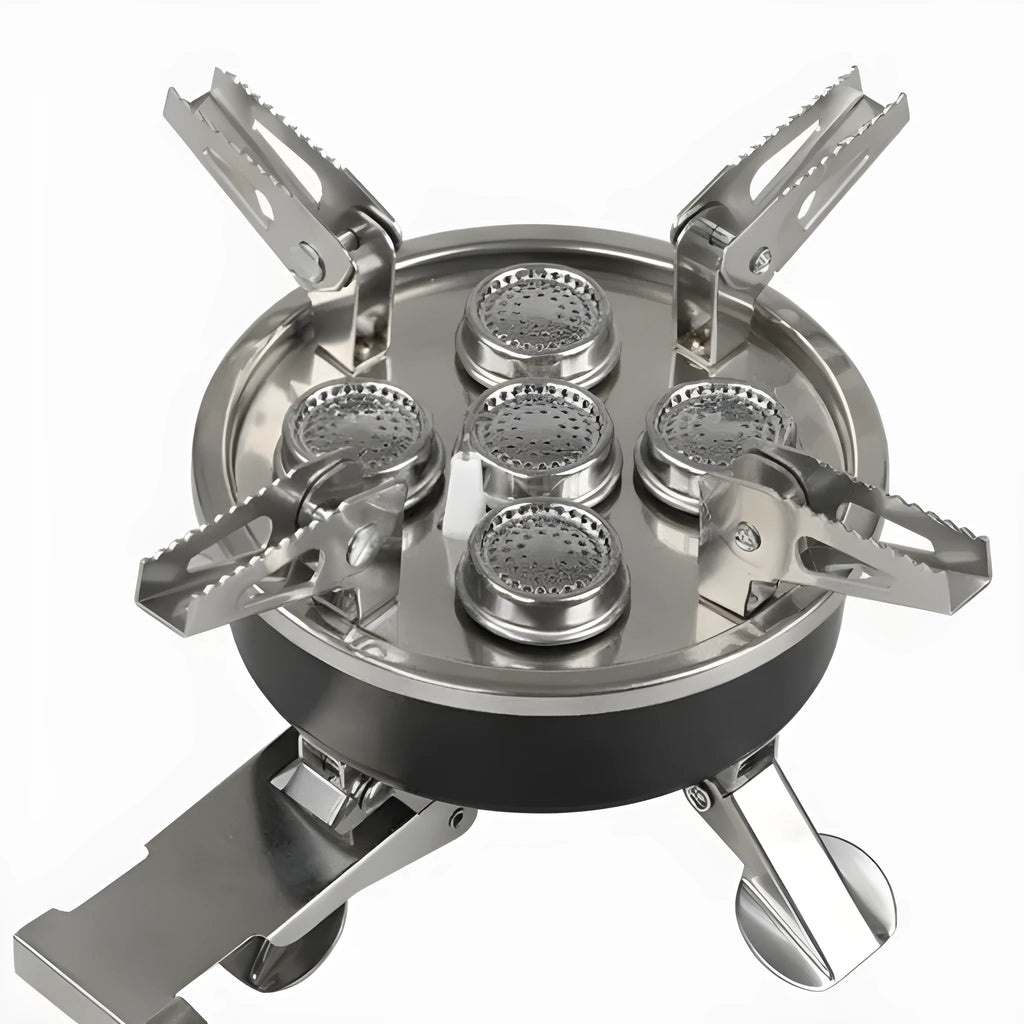 Silver stainless steel portable split camping stove with 100cm hose, folded to 155x125mm