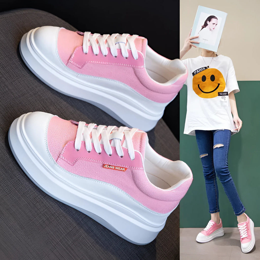 Women's thick-soled leather board shoes in pink and beige colours