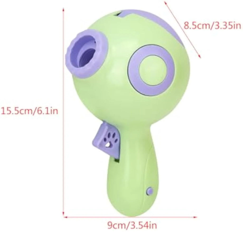 Green, orange, and pink plastic dog treat launcher toy for interactive feeding and training.