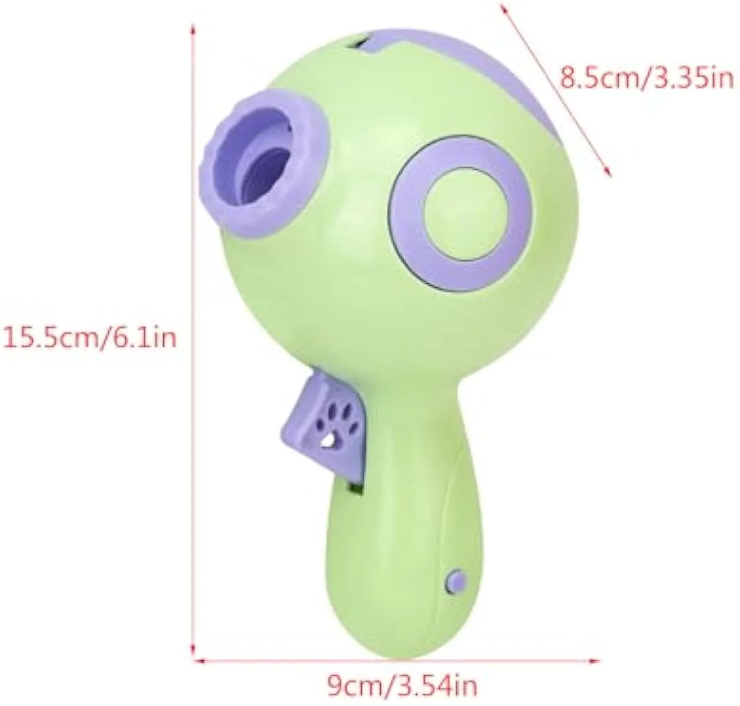Green, orange, and pink plastic dog treat launcher toy for interactive feeding and training.