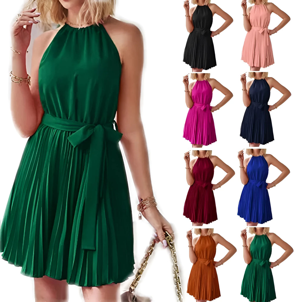 Women's black chiffon halter neck sundress with a pleated skirt and tie belt.
