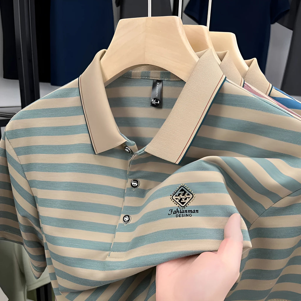 Men's red striped short-sleeve casual shirt with mosaic pattern on polyester fabric