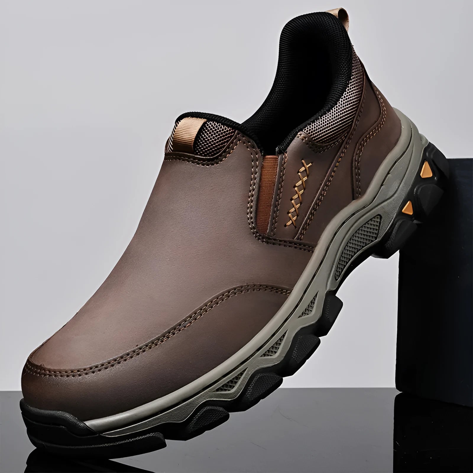 Men's casual leather shoes with rubber sole in black, brown, or grey colours