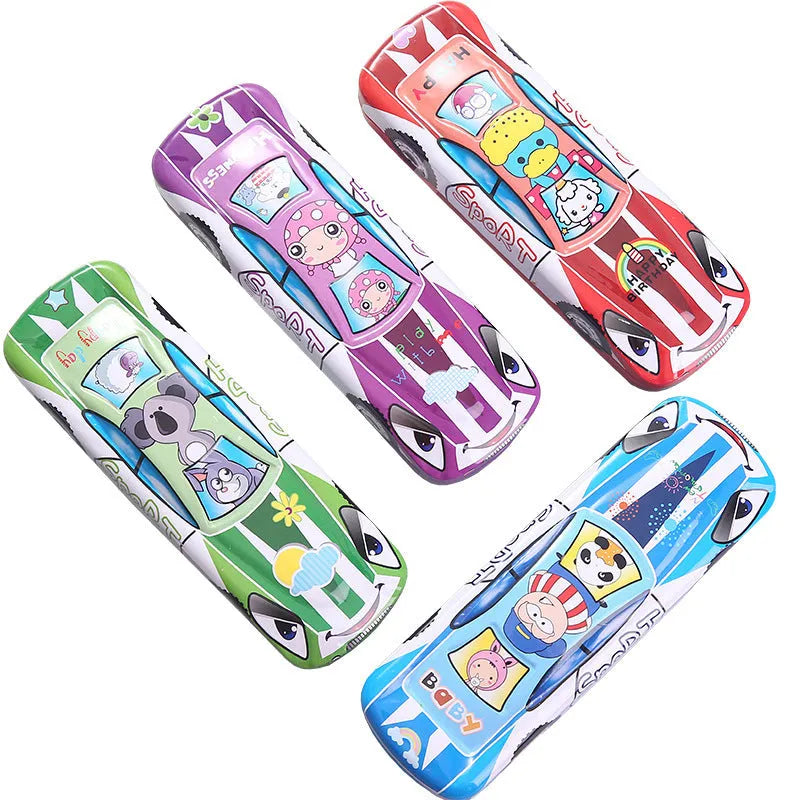 Tinplate double-layer racing car shaped stationery box with cartoon pattern on metal surface
