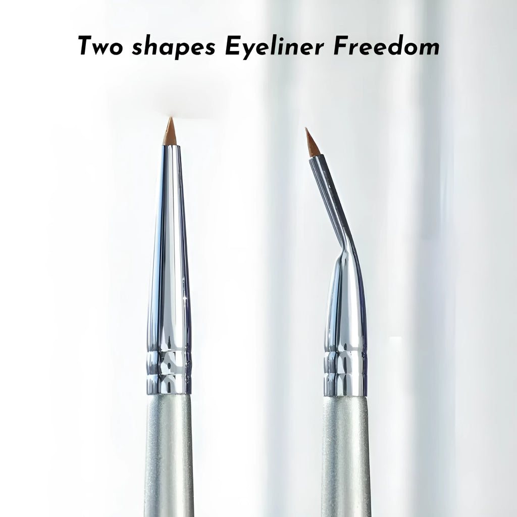 Angled bend head eyeliner brush for under eye and tear trough makeup application