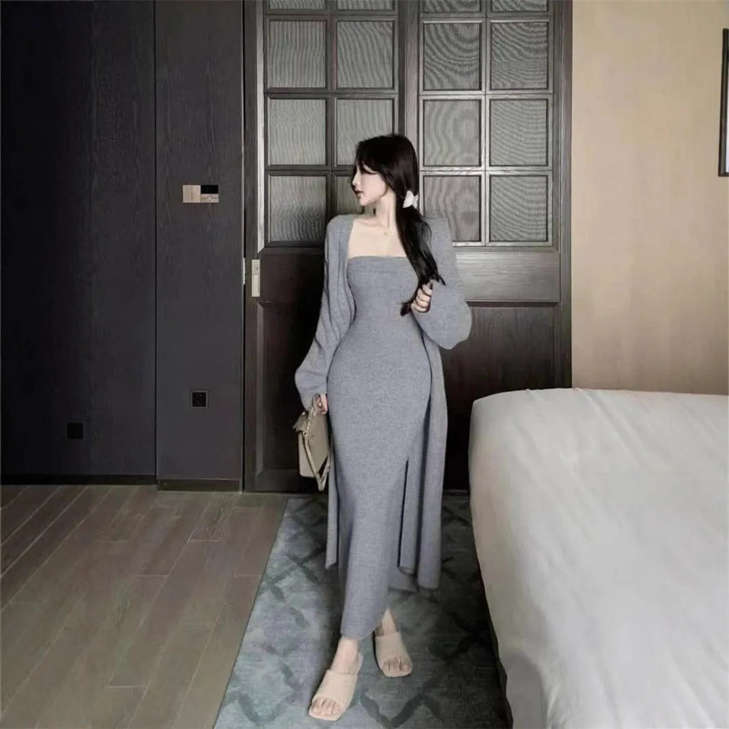 Women's grey knitted cardigan and dress two-piece set with long skirt and flocking detail