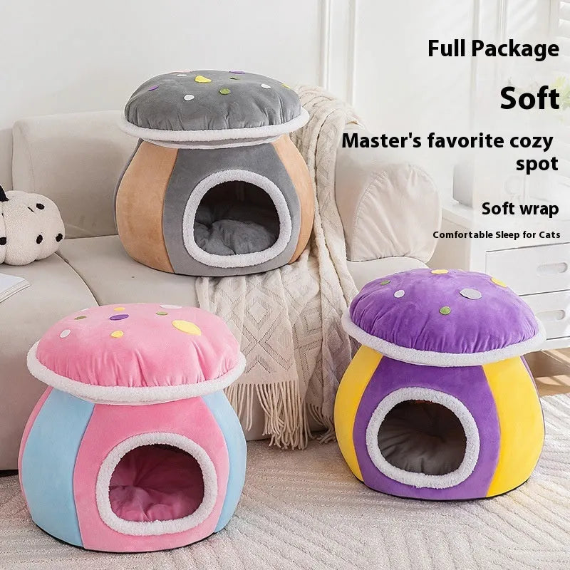 Grey mushroom-shaped plush cat nest with a canopy, shown detached to reveal its warm lining.