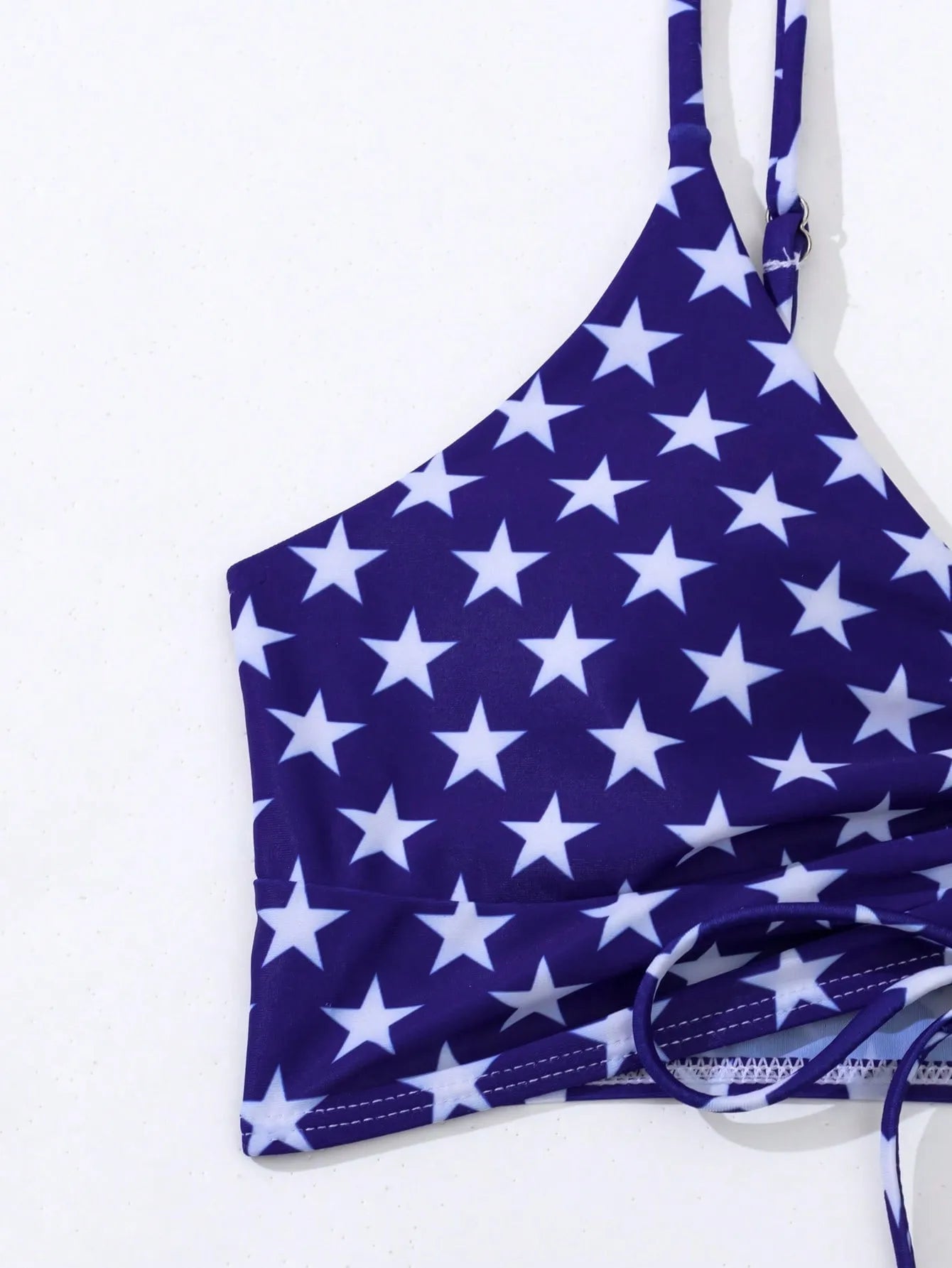 Women's high waist boxer style swimsuit with drawstring in red, white, and blue Stars and Stripes pattern.