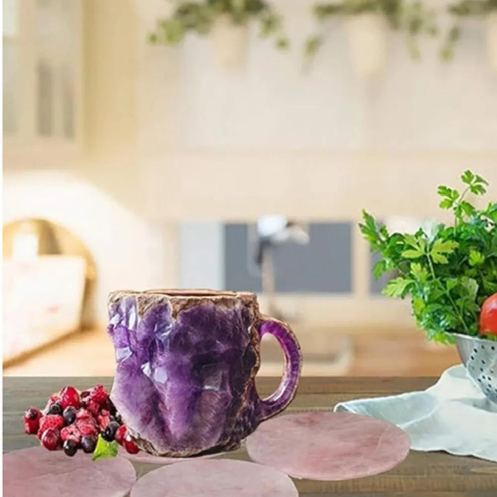 Resin mineral crystal coffee mug with handle showing 3D crystal appearance