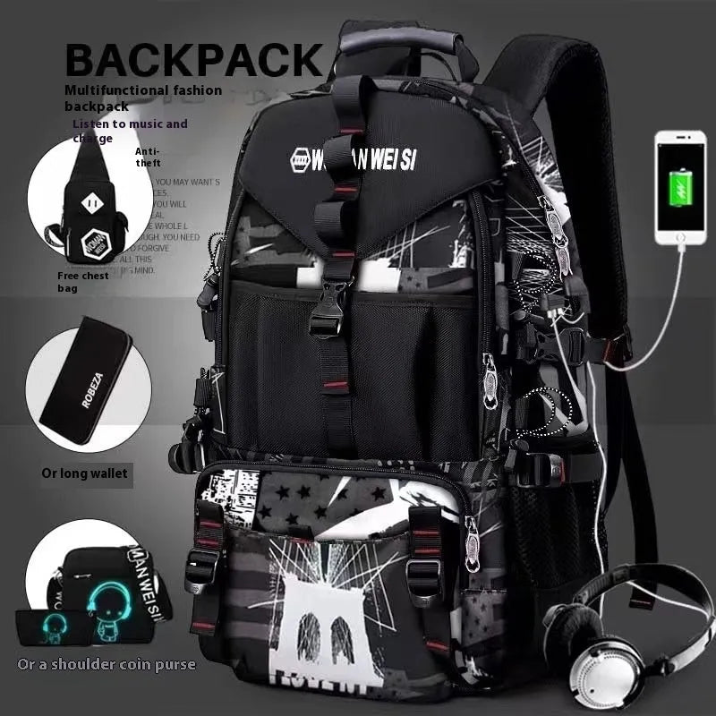 Men's waterproof Oxford cloth hiking backpack in black with multiple compartments and air pillow belt system