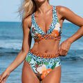 Women's floral print high waist bikini swimsuit in polyester fabric for swimming