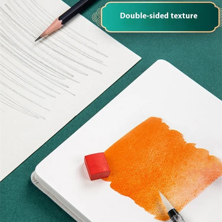 Feiluniao handmade fabric watercolour notebook showing cover design, 185mm long.