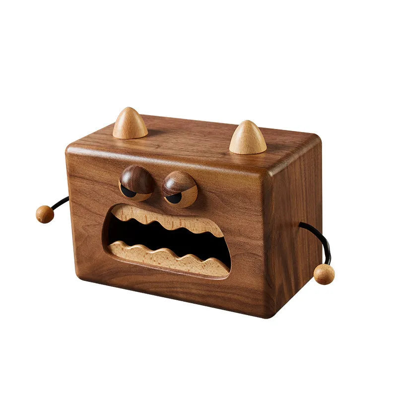 Cartoon bee and monster design wooden tissue box in walnut beech wood.