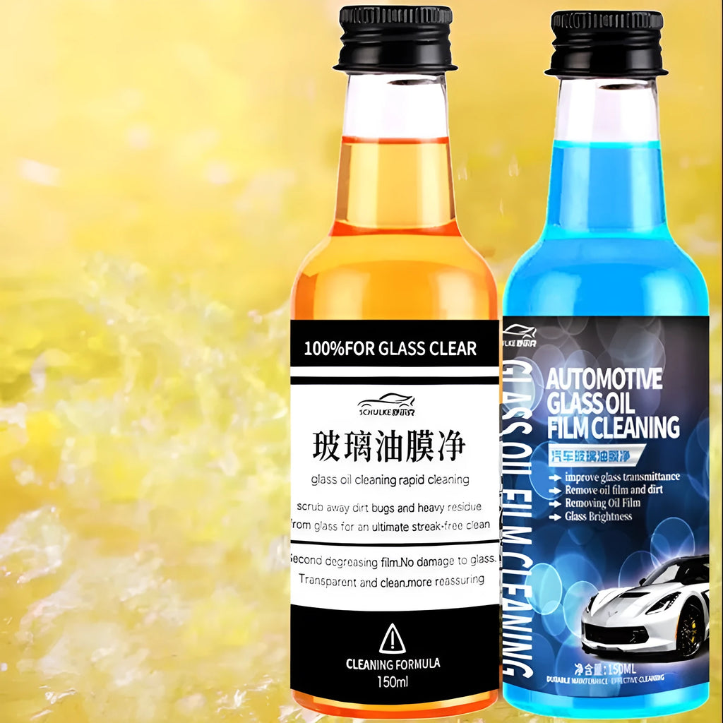 150ml car glass oil film remover spray in yellow and blue packaging.