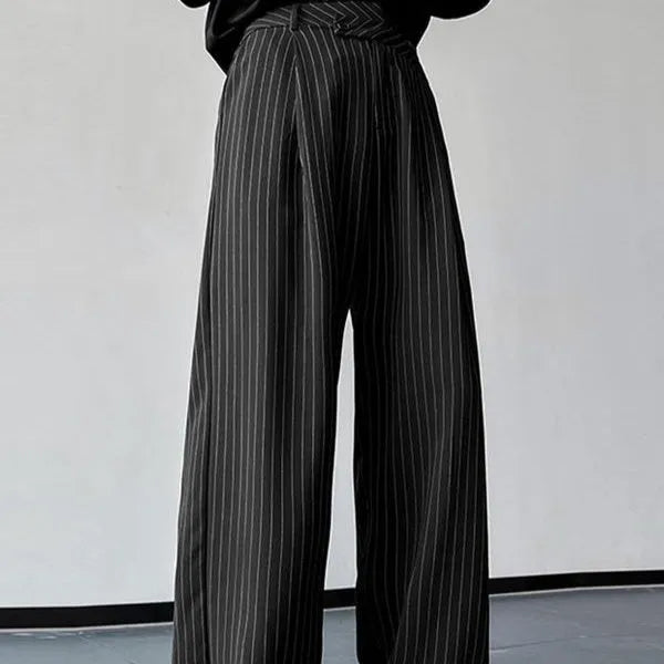 Men's black vertical striped pleated casual trousers with high elasticity waistband
