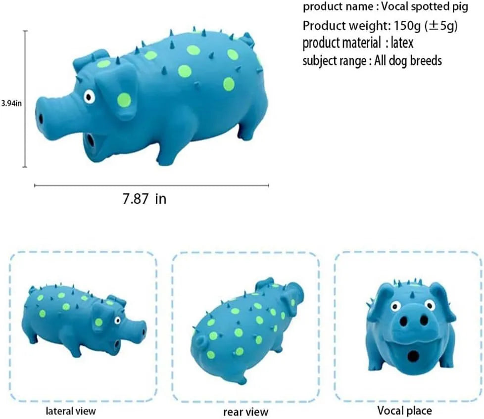 Blue latex pig-shaped squeaky dog chew toy with textured surface for teeth cleaning