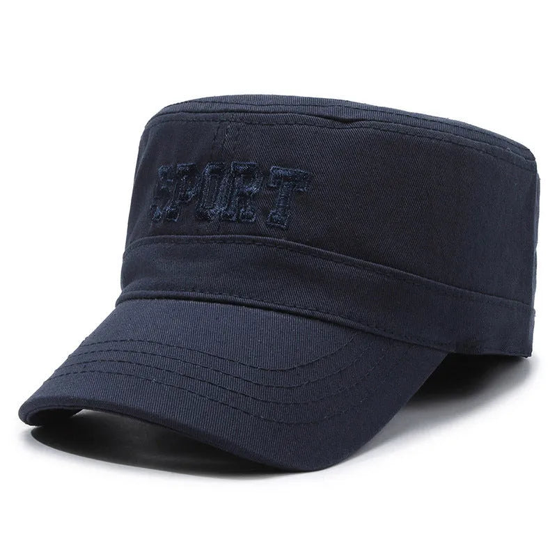 Men's adjustable cotton flat-top peaked cap in multiple colours offering sun protection