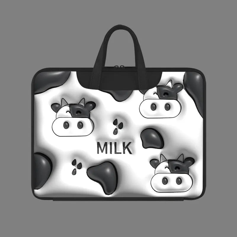 Inflatable laptop bag in PU leather with hanging handle attached to suitcase, showing cute star design