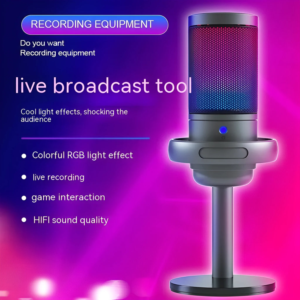 Condenser microphone with RGB lighting in black, white, or pink for live broadcast