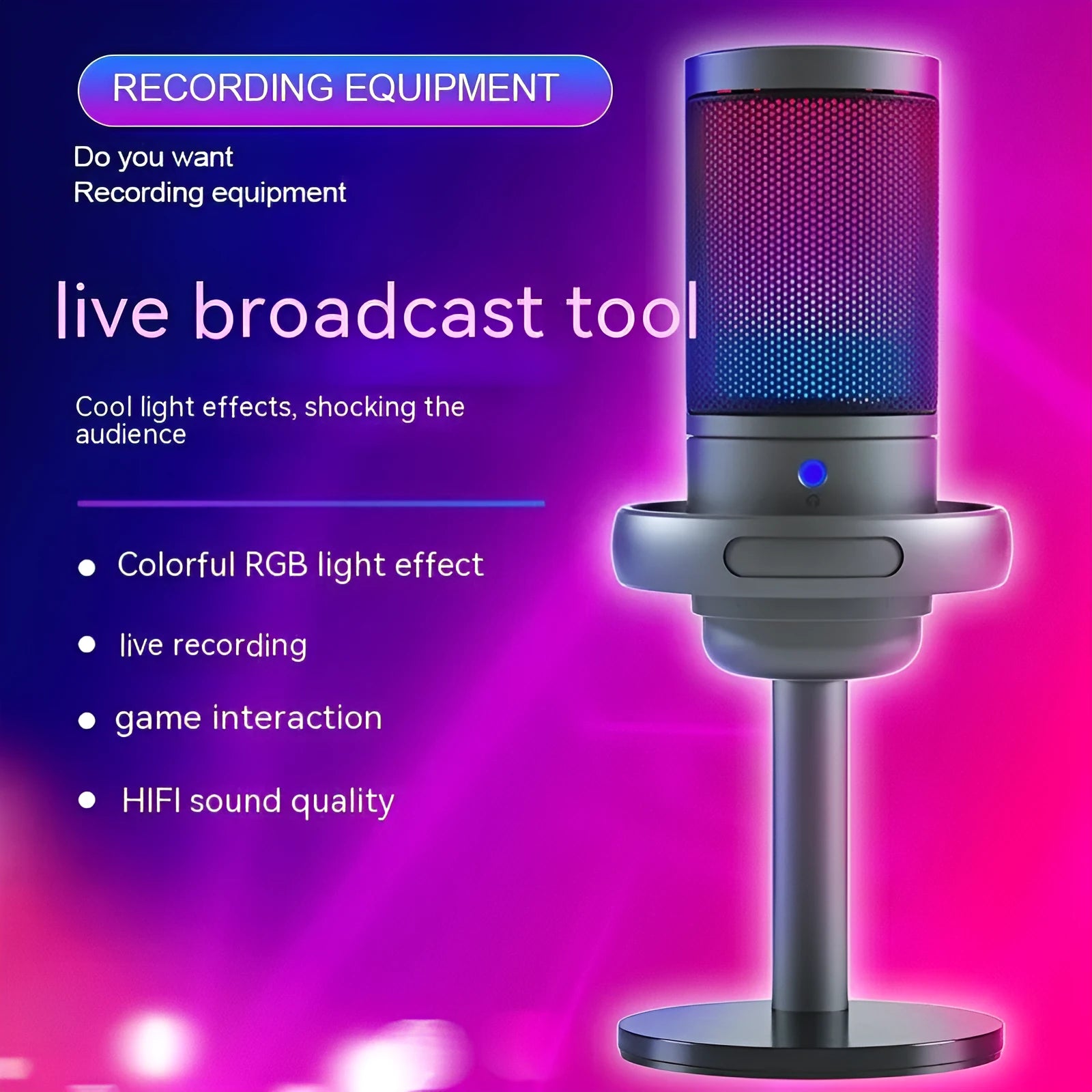 Condenser microphone with RGB lighting in black, white, or pink for live broadcast