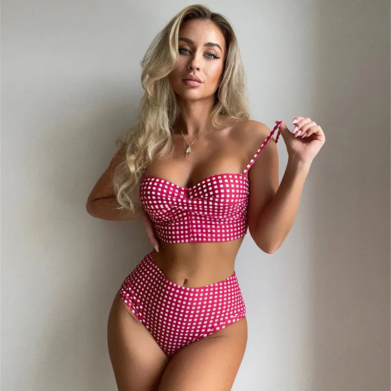 Women's high-waisted plaid bikini swimsuit in rose red, black, blue, or sky blue