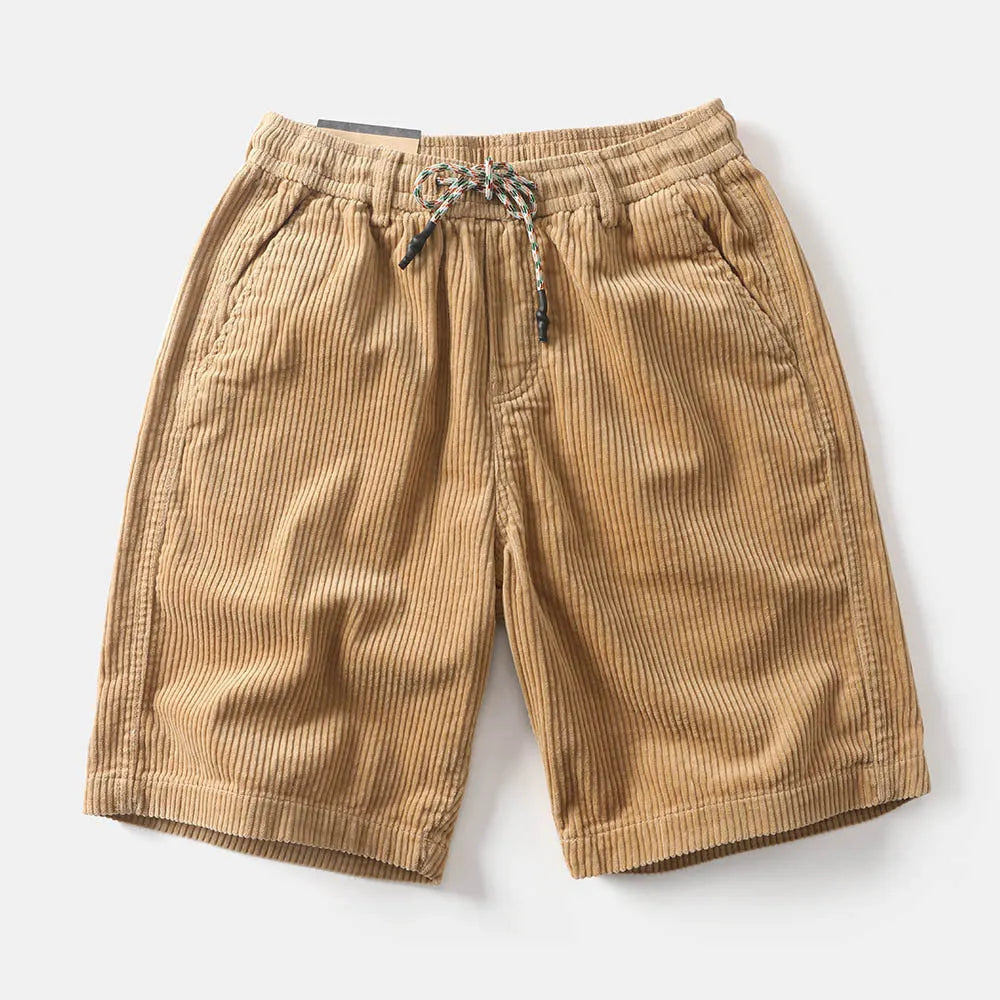 Men's retro American-style cargo shorts in polyester fabric shown in khaki colour
