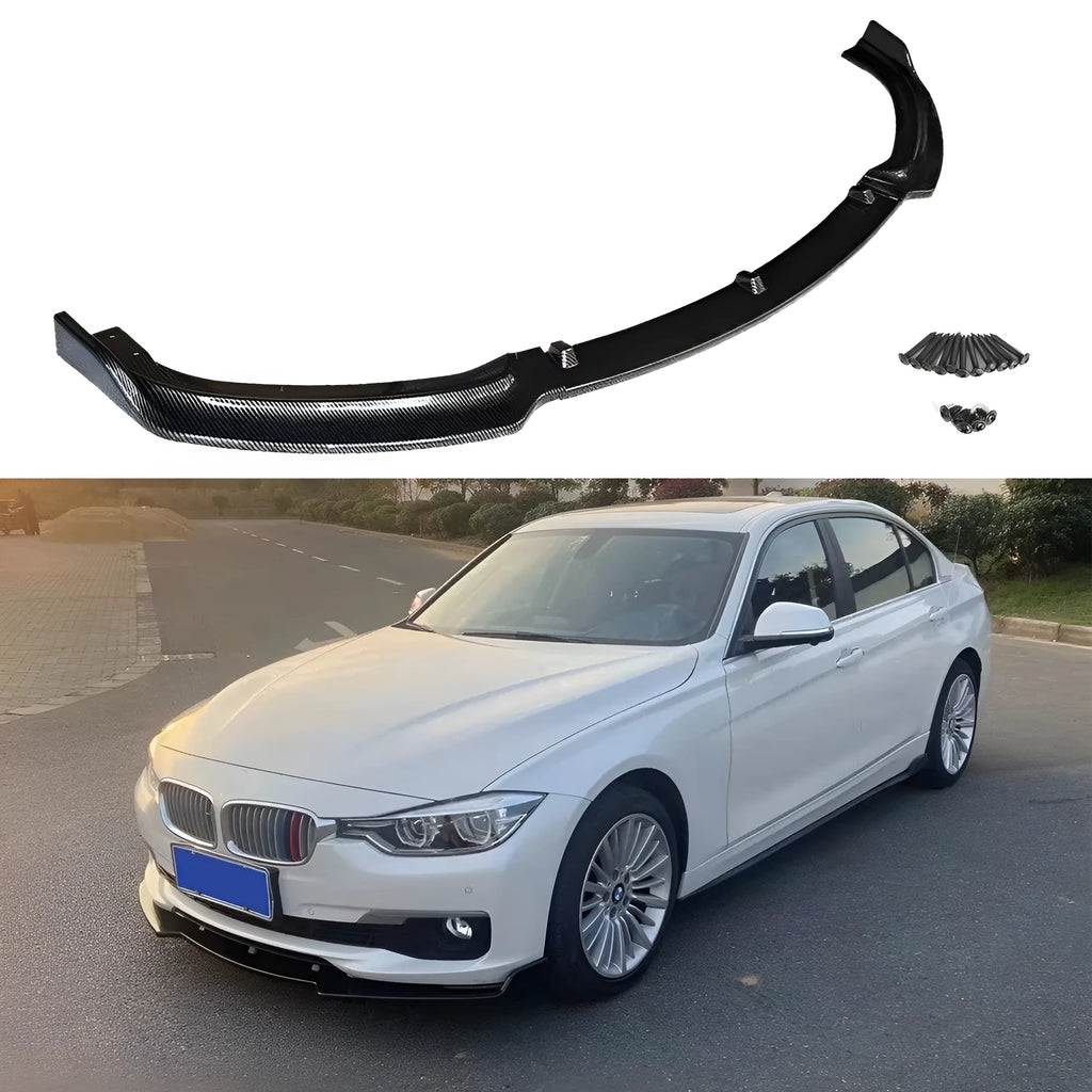 BMW 3 Series F30 F35 black front bumper lip spoiler, 96cm long polypropylene splitter for styling and protection.
