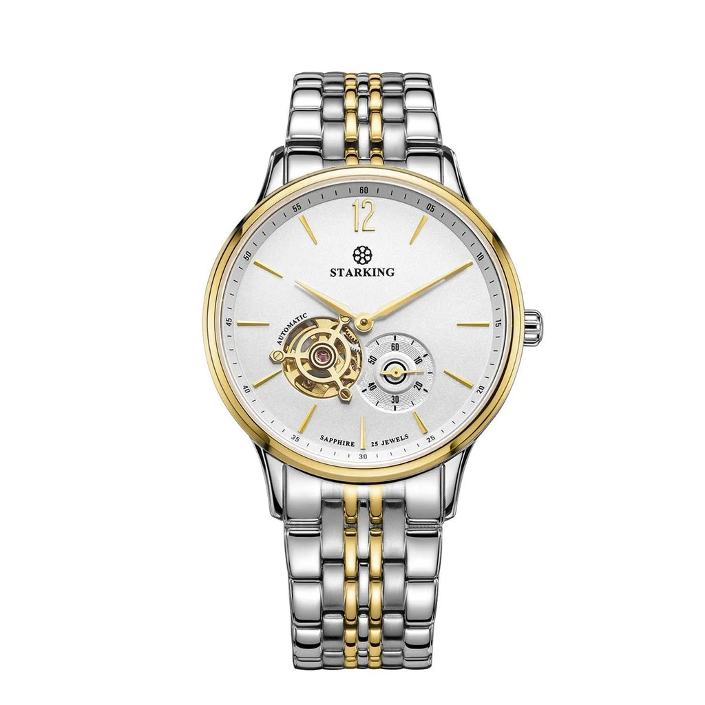 Automatic mechanical men's business watch with hollow three-needle design on brown leather strap