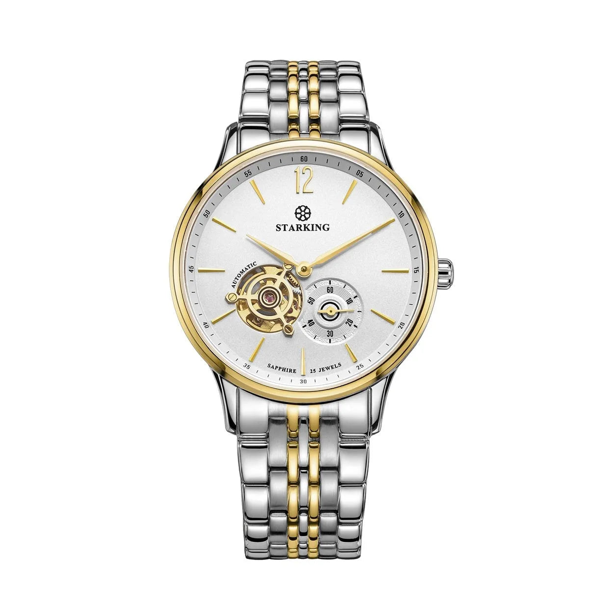 Automatic mechanical men's business watch with hollow three-needle design on brown leather strap