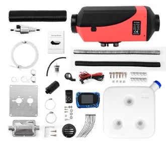 Red and black diesel air heater kit with wiring, pump, tank and installation components for trucks and RVs