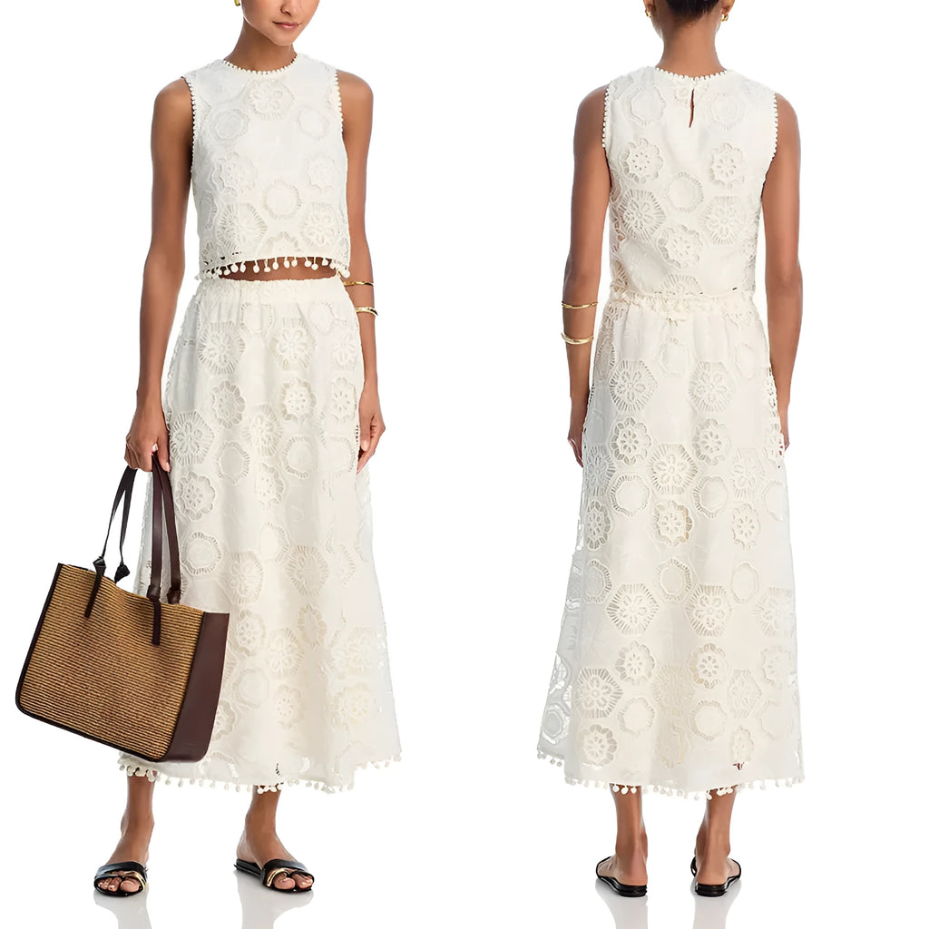 White women's two-piece suit with embroidered sleeveless top and long skirt in retro art style