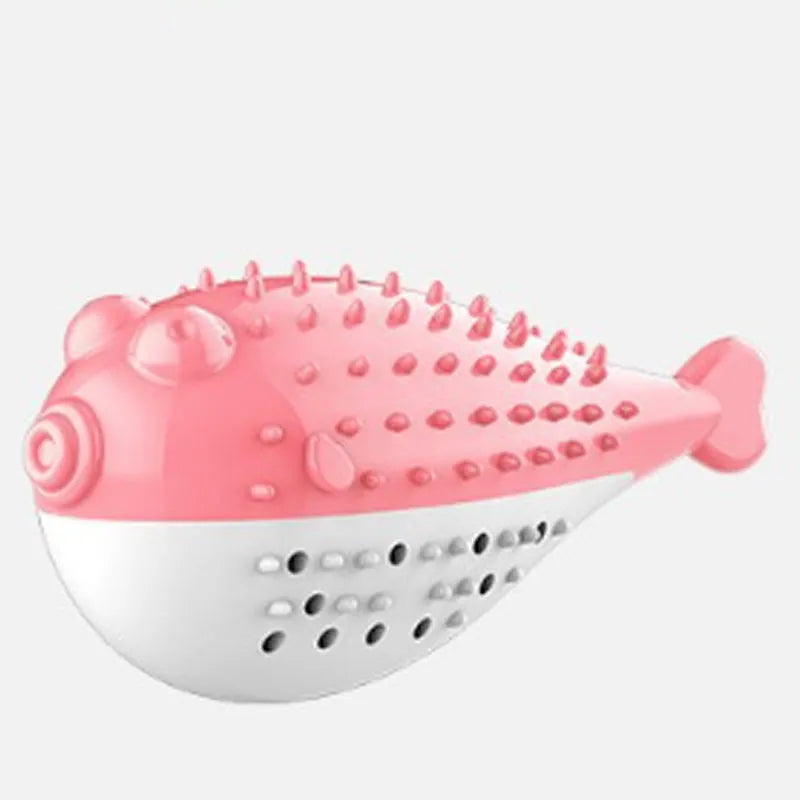 Silicone mint-scented fish shaped cat chew toy in blue green pink or yellow for dental cleaning