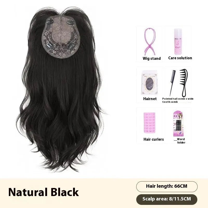 Ladies black 65cm big wave high temperature fiber wig set for crown volume increase