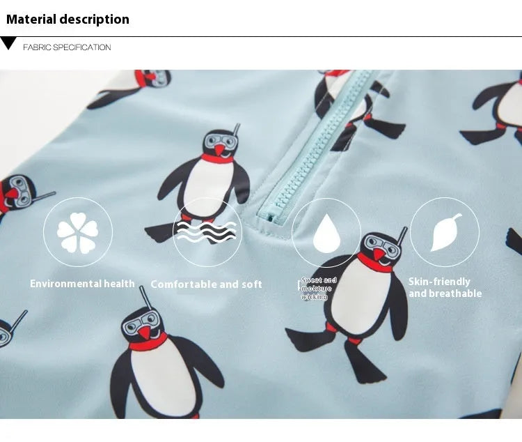 Boys' penguin print long sleeve swimsuit with matching swimming cap set