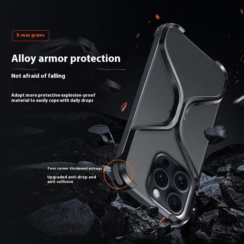 Metal frameless hollow phone case for iPhone with dark gray finish and exposed metal back