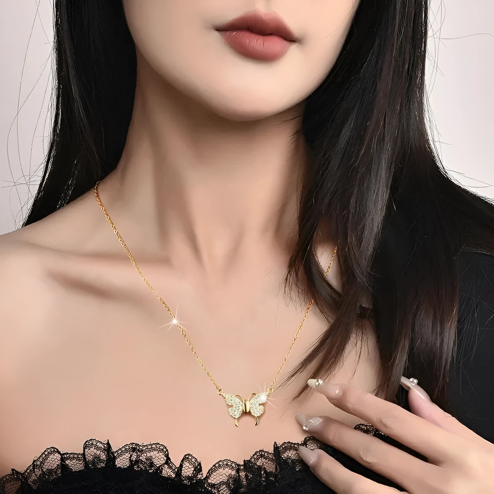 Women's titanium steel clavicle chain necklace with butterfly pendant and magnetic snap closure