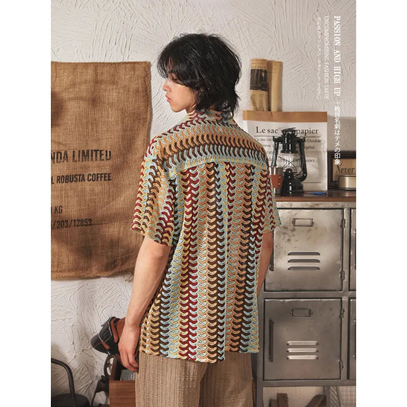 Japanese national style hollow jacquard short sleeve shirt with Cuban collar in grey or red