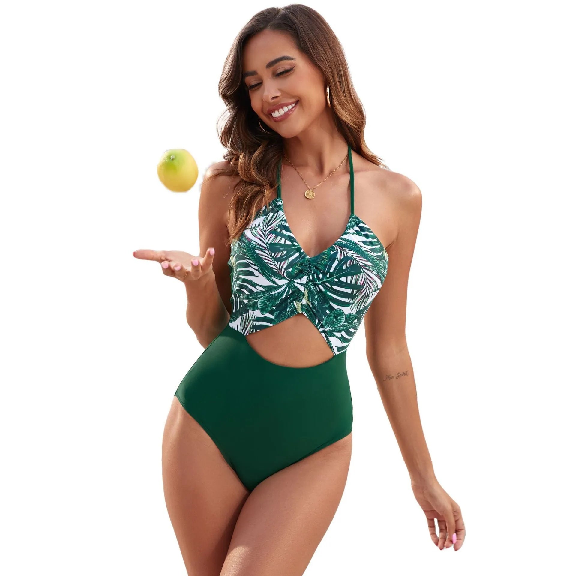 Women's printed patchwork leaf one-piece swimsuit in nylon and spandex