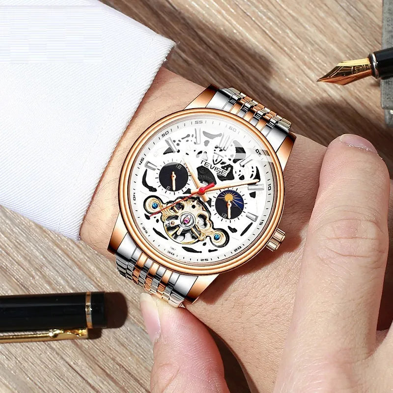 Men's mechanical tourbillon watch with luminous hands and waterproof design in multiple colour options